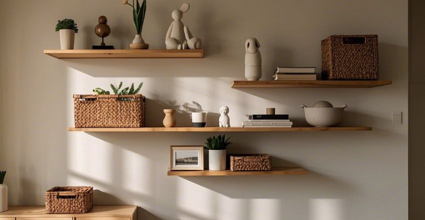 Checking a floating shelf with a level during installation