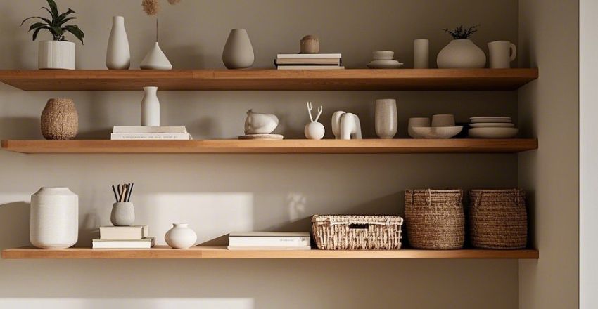 Finished floating shelves styled with books and decor