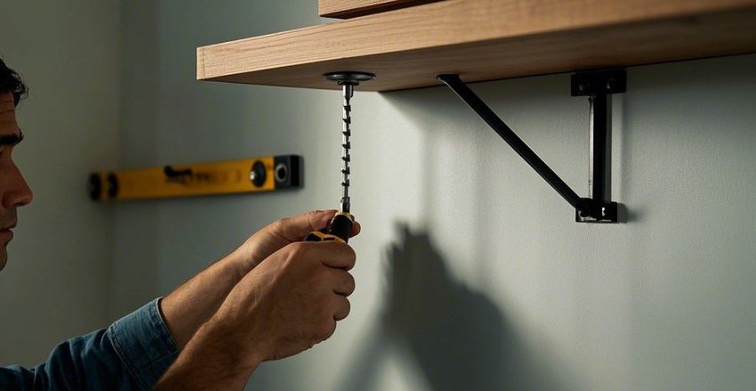 Securing a floating shelf bracket to the wall